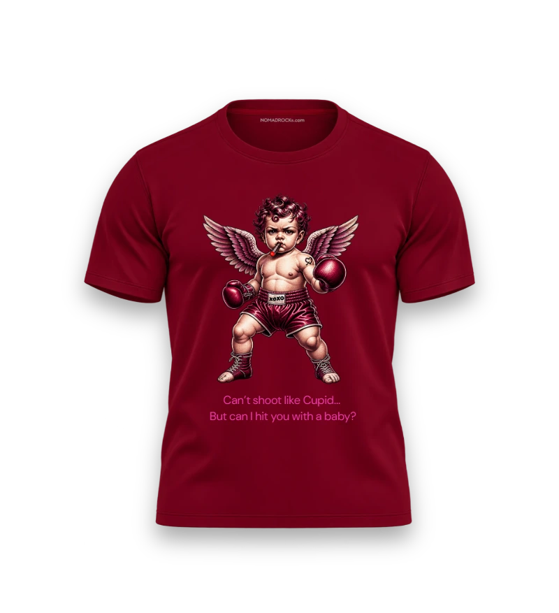 Burgundy T-shirt with a boxing Cupid graphic