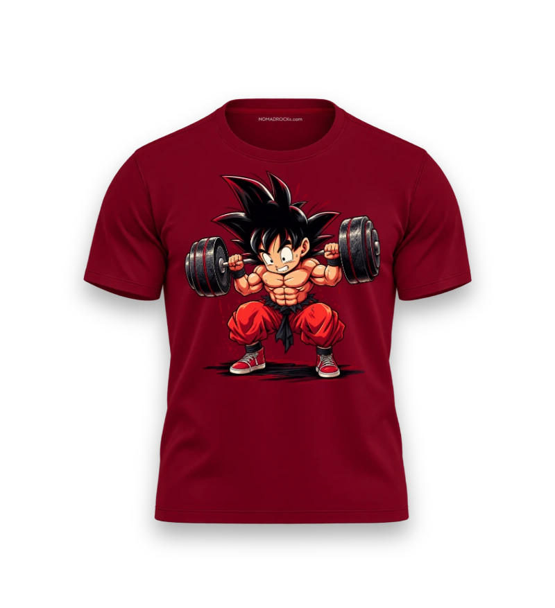 Burgundy T-shirt with a cartoon weightlifting character