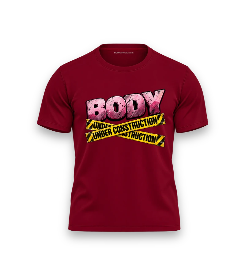 Burgundy T-shirt with a Body Under Construction graphic