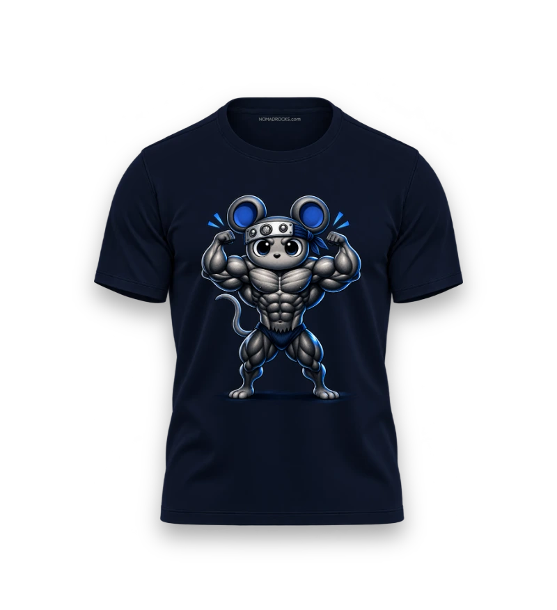Navy T-shirt with a muscular mouse graphic