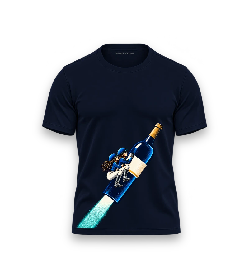 Navy T-shirt with a person riding a rocket bottle