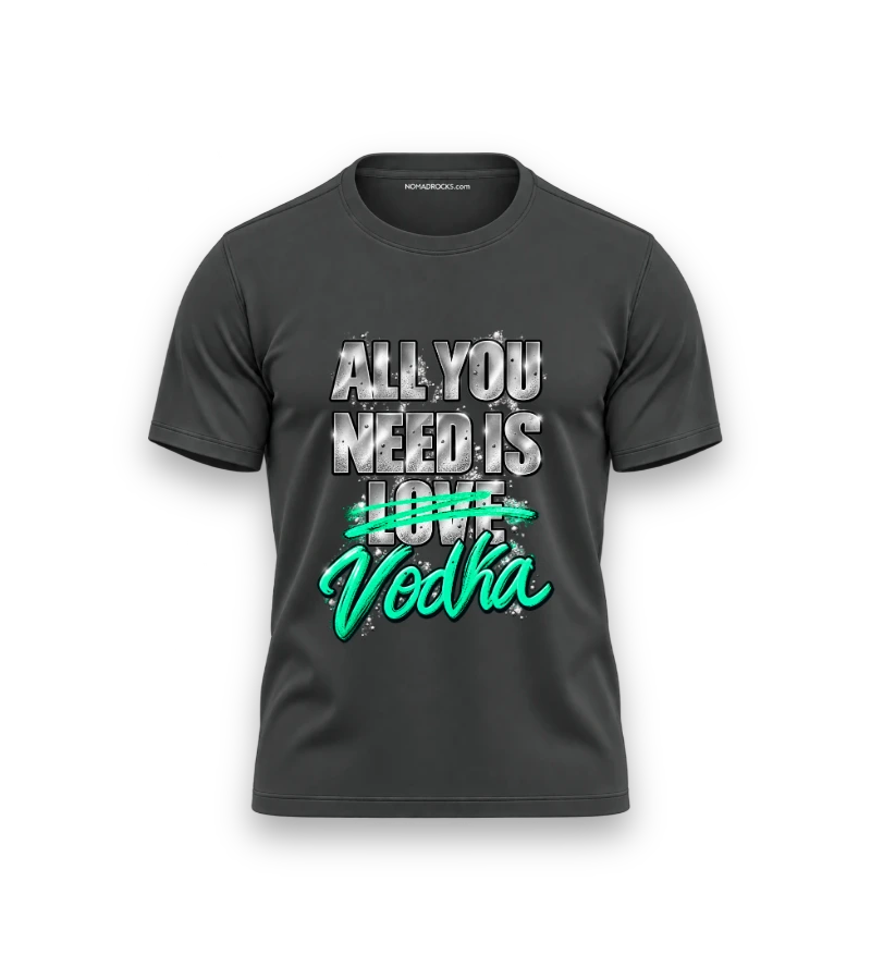 Charcoal T-shirt with All You Need Is Love Vodka lettering
