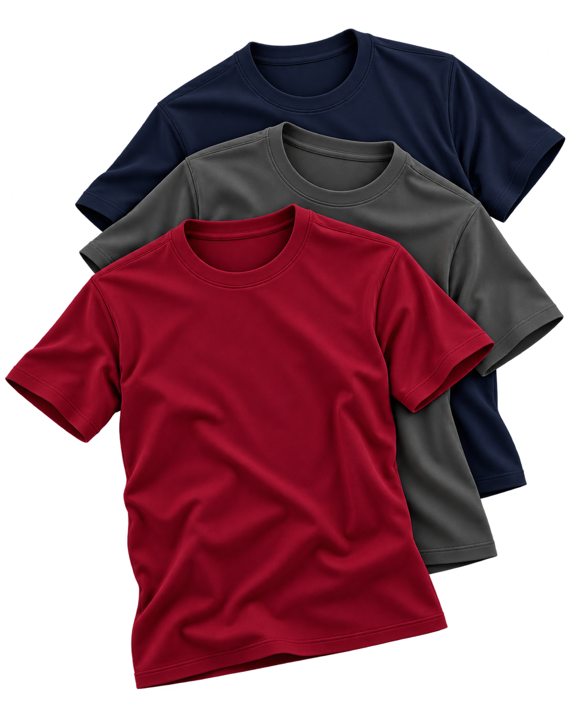 Three blank T-shirts in burgundy, charcoal, and navy