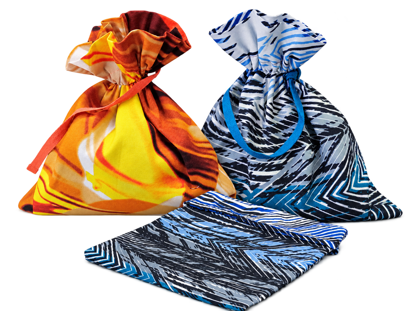 A pair of colorful patterned fabric pouches